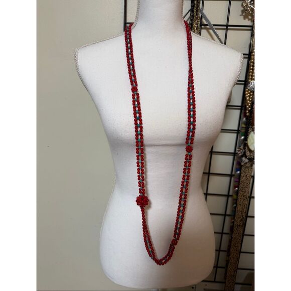 Long Red & Turquoise Glass Bead Necklace with Knotted Accents Unique - Picture 10 of 10